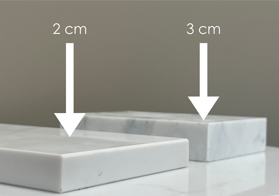 Two white marble countertop samples, one labeled 2 cm and the other 3 cm in thickness