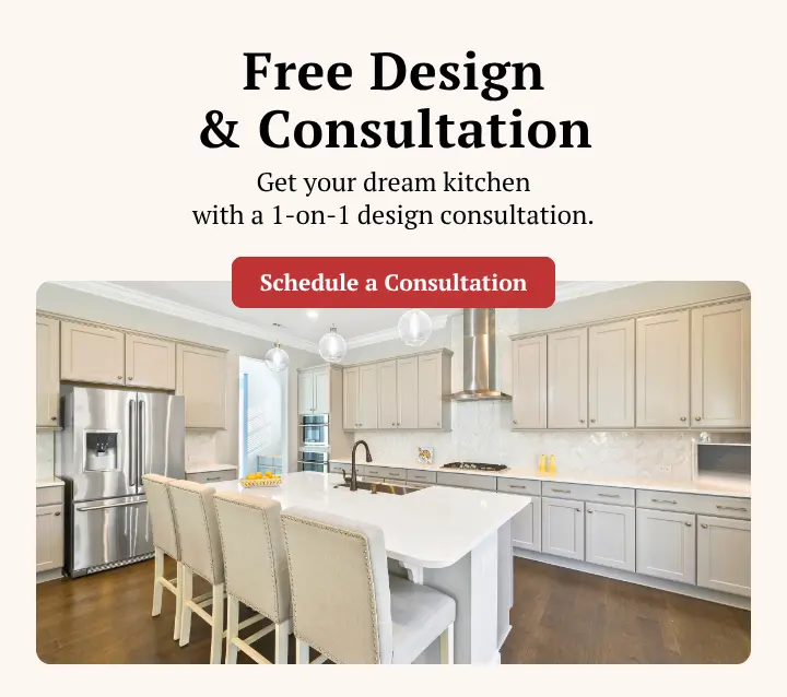 An advertisement for a free kitchen design and consultation service. The image features a photo of a modern kitchen with light gray cabinets, with text above that reads "Free Design & Consultation" and a call-to-action button to "Schedule a Consultation."