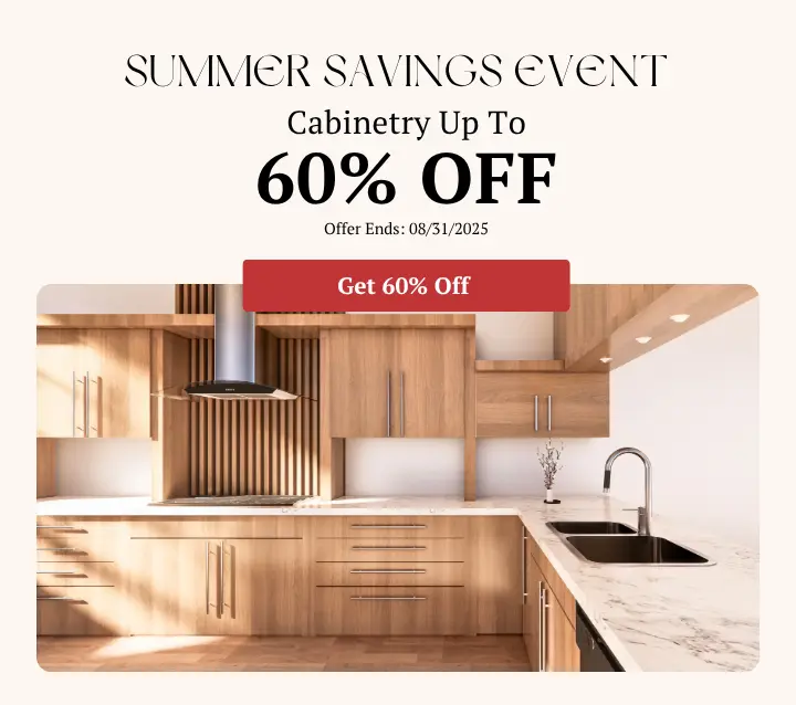 Advertisement for a Summer Savings Event offering up to 60% off on cabinetry. The ad features a photo of a modern kitchen with light wood cabinets and a "Get 60% Off" button. The offer ends 08/31/2025.